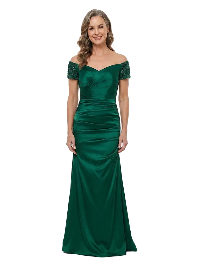 ChicSew Off The Shoulder Ruched Satin Mermaid With Beaded Short Sleeve Mother of the Bride Dress sold by ChicSew