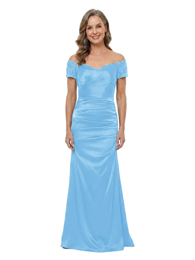ChicSew Off The Shoulder Ruched Satin Mermaid With Beaded Short Sleeve Mother of the Bride Dress sold by ChicSew product image thumbnail 5
