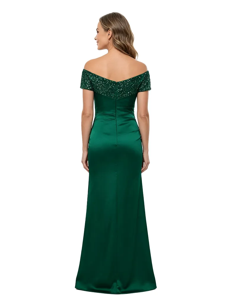 ChicSew Off The Shoulder Ruched Satin Mermaid With Beaded Short Sleeve Mother of the Bride Dress sold by ChicSew product image thumbnail 3