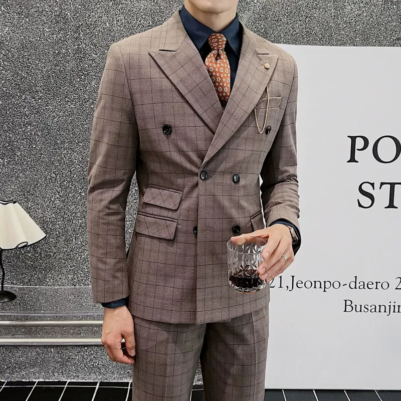 Coffee Classic 1 Piece Men's Suit British Slim Men Double-breasted Plaid Suit made by ChicSew