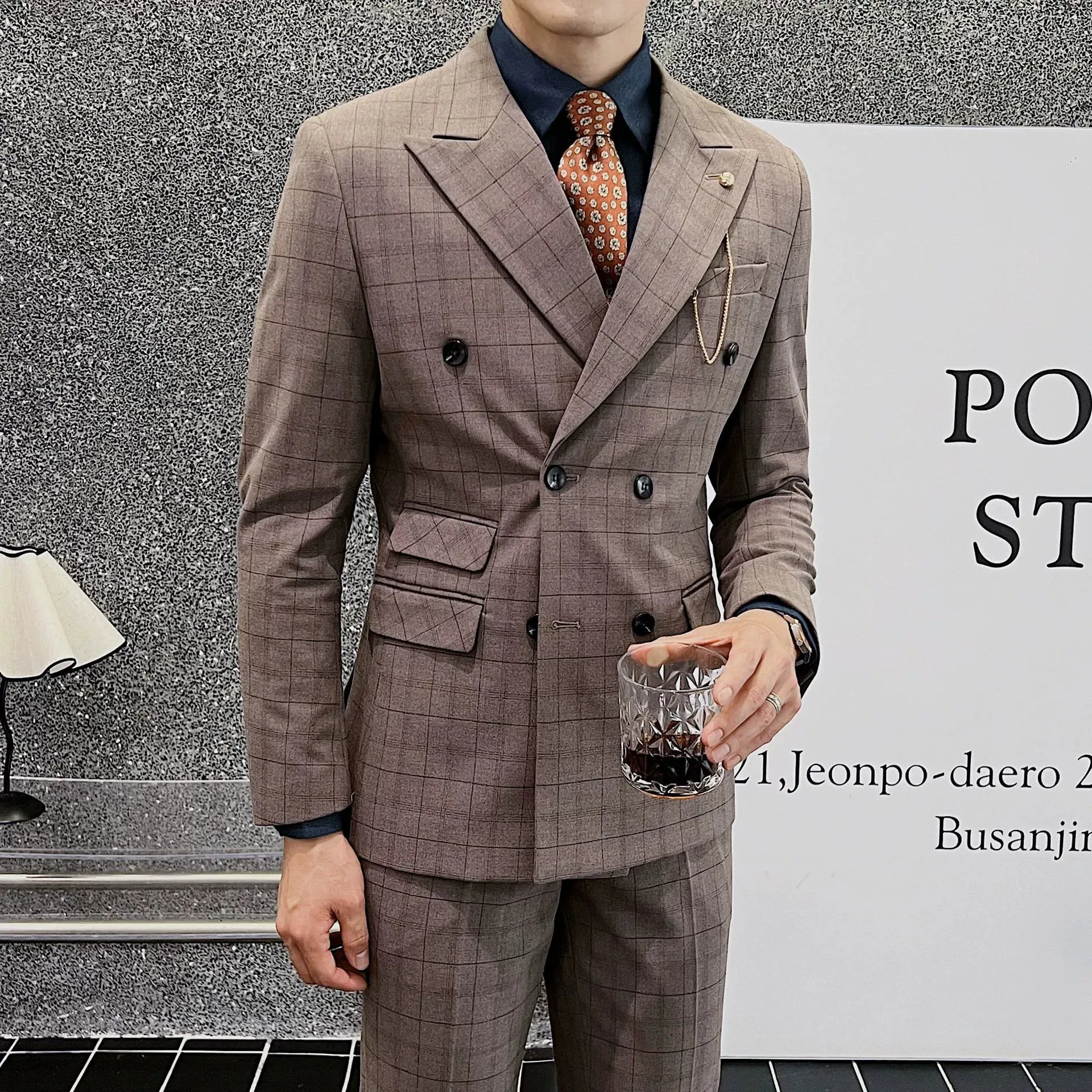 Coffee Classic 1 Piece Men's Suit British Slim Men Double-breasted Plaid Suit sold by ChicSew
