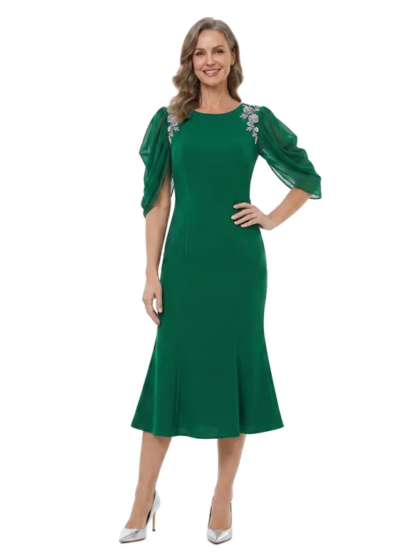 ChicSew Puff Sleeve Round Neck Beaded Tea-Length Mother Of The Bride Dresses Trendy Fit made by ChicSew