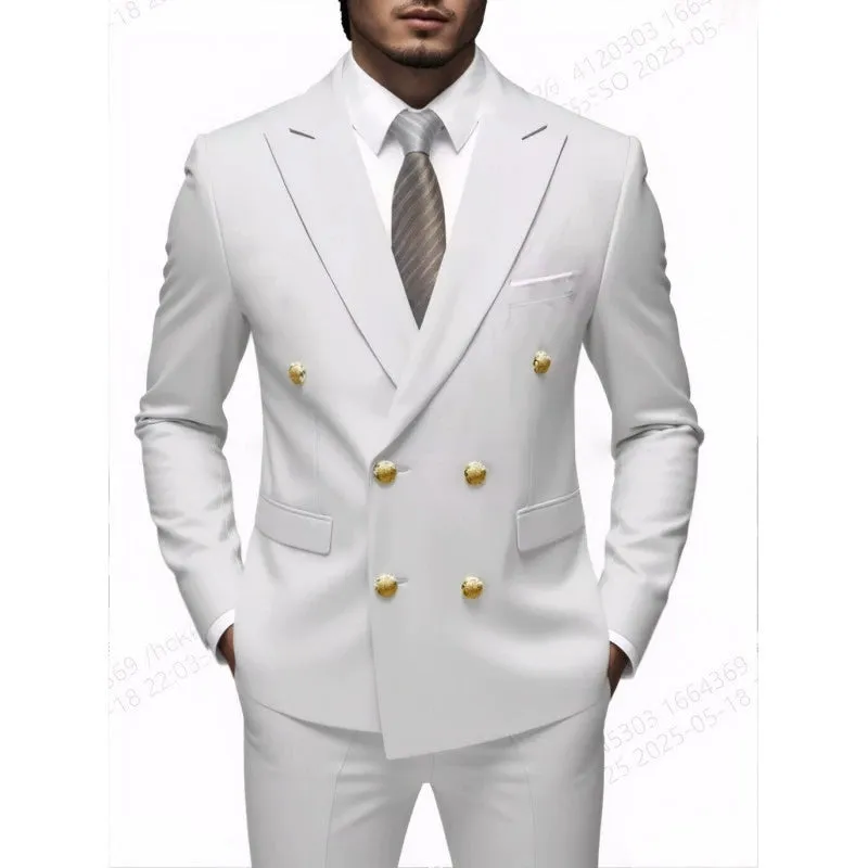 White Double-breasted Suit Men Coat Slim Business Casual 2 Piece Suit made by ChicSew