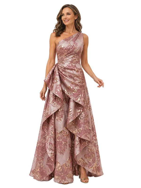Chicsew Elegant Floral One Shoulder Ruched Ruffle A-Line Long Formal Evening Dresses made by ChicSew
