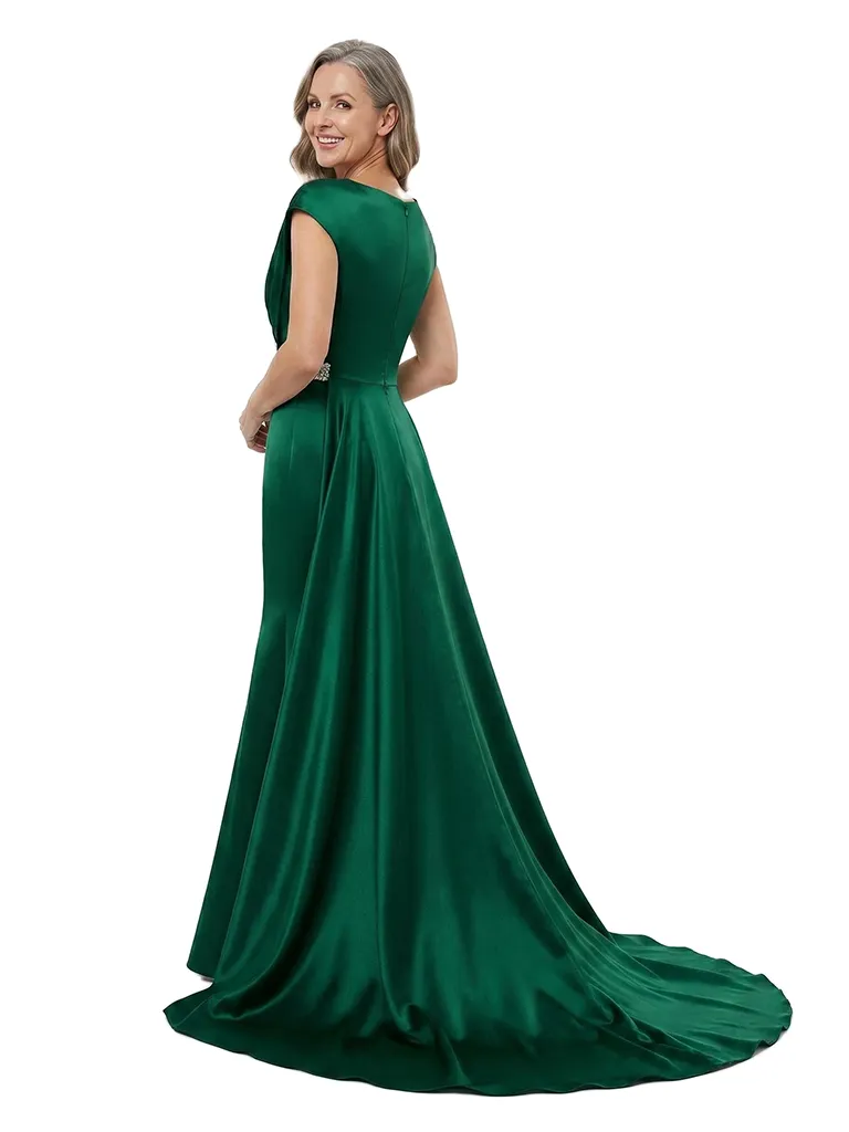 ChicSew Cap Sleeve Pleated V-Neck Mermaid Satin Long Mother Of The Bride Dresses Unique Beaded Waist Overskirt sold by ChicSew product image thumbnail 3
