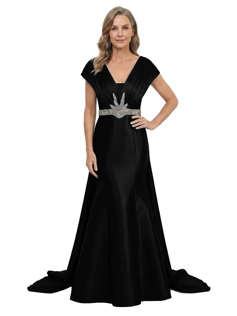 ChicSew Cap Sleeve Pleated V-Neck Mermaid Satin Long Mother Of The Bride Dresses Unique Beaded Waist Overskirt sold by ChicSew product image thumbnail 4