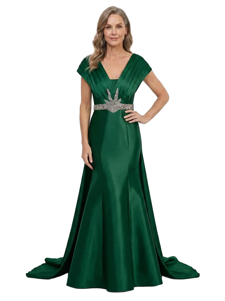 ChicSew Cap Sleeve Pleated V-Neck Mermaid Satin Long Mother Of The Bride Dresses Unique Beaded Waist Overskirt sold by ChicSew