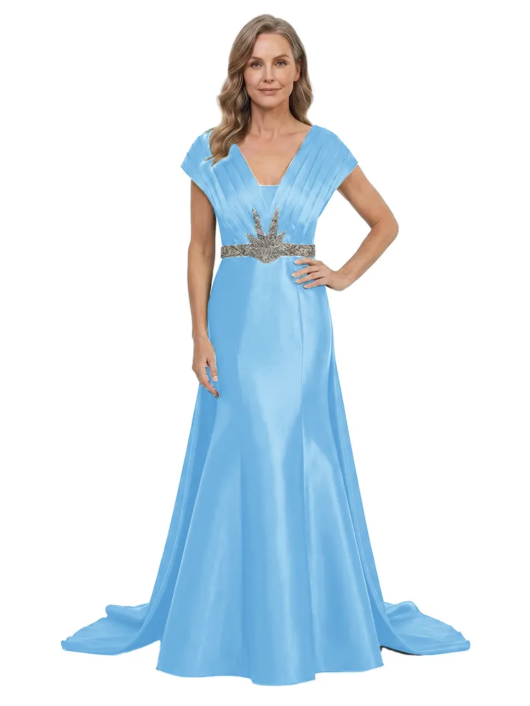 ChicSew Cap Sleeve Pleated V-Neck Mermaid Satin Long Mother Of The Bride Dresses Unique Beaded Waist Overskirt sold by ChicSew product image thumbnail 5