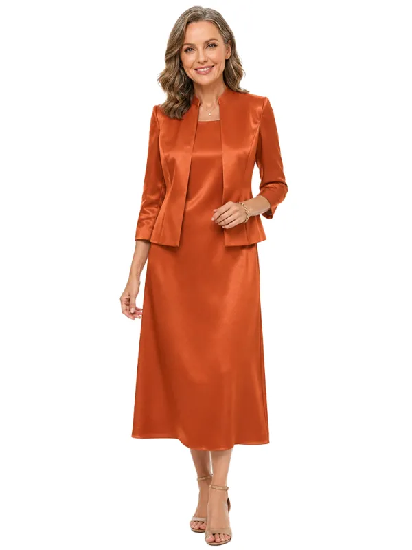 ChicSew Sophisticated Satin Mother Of The Bride Outfit With Jacket Midi Sheath Dress made by ChicSew