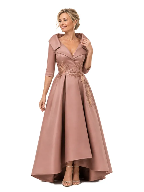 ChicSew V-Neck 3/4 Sleeve Lace Appliques Satin A-Line High-Low Mother of the Bride Dress made by ChicSew