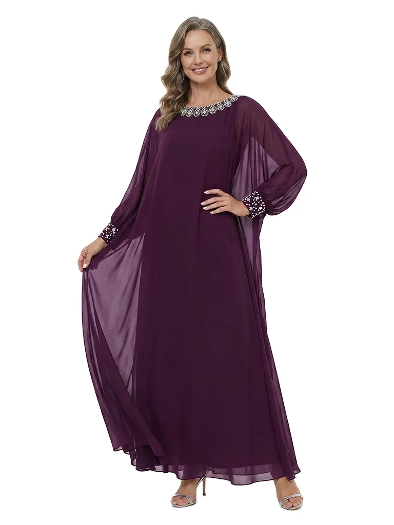 ChicSew Scoop Long Sleeves Beaded Chiffon A-Line Mother Of The Bride Dresses Classy Formal Gowns sold by ChicSew