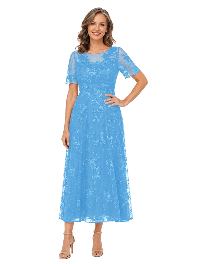 ChicSew Beautiful Short Sleeve Round Neck Lace Tea Length A-Line Mother Of The Bride Dress sold by ChicSew product image thumbnail 5