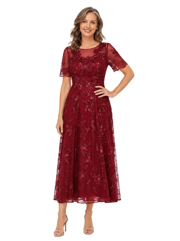 ChicSew Beautiful Short Sleeve Round Neck Lace Tea Length A-Line Mother Of The Bride Dress made by ChicSew