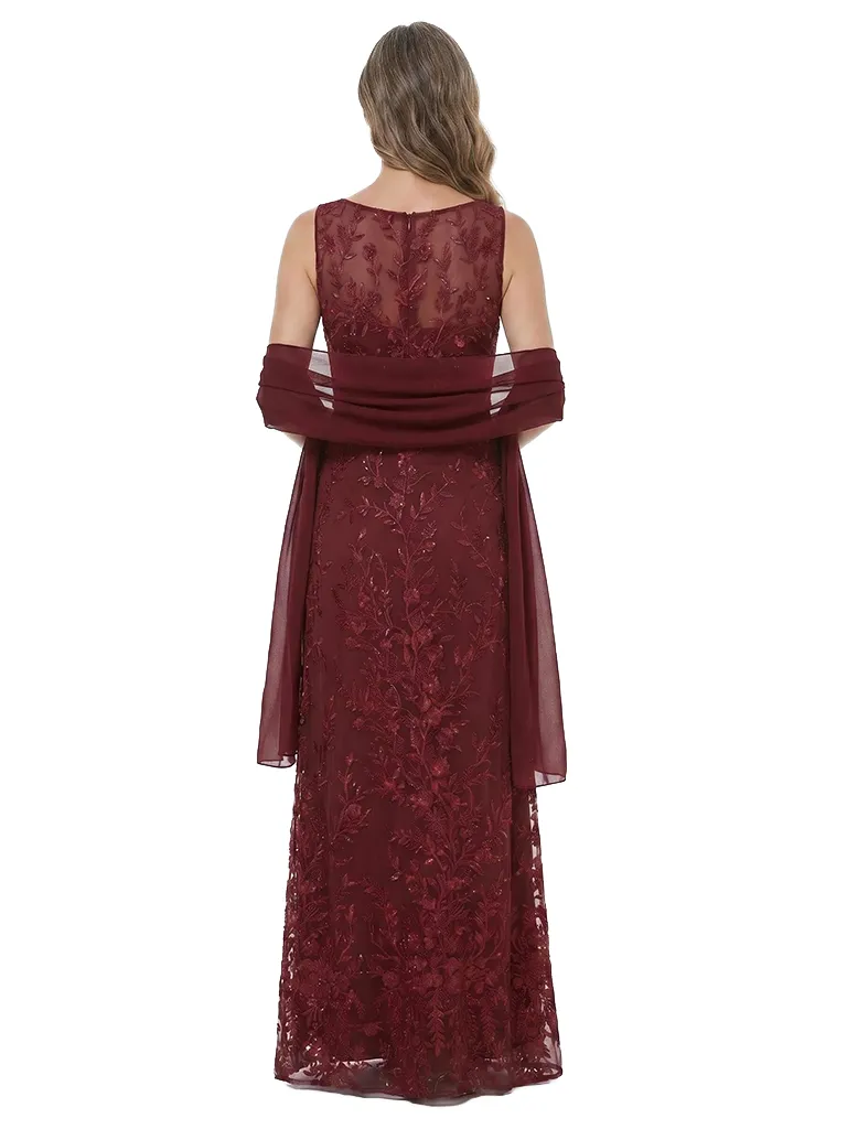 ChicSew Classy Sleeveless Round Neck Lace Applique A-Line Floor Length Mother Of The Groom Dress With Shawl sold by ChicSew product image thumbnail 3