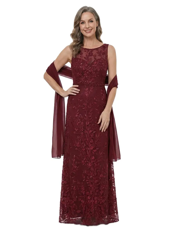 ChicSew Classy Sleeveless Round Neck Lace Applique A-Line Floor Length Mother Of The Groom Dress With Shawl made by ChicSew