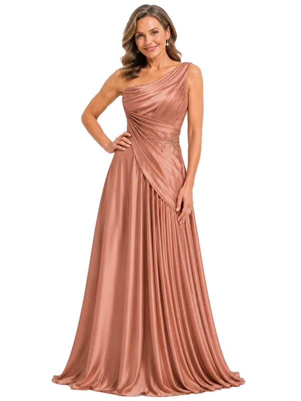 ChicSew Unique One Shoulder Pleated Satin A-Line Floor Length Mother Of The Groom Dress With Applique made by ChicSew