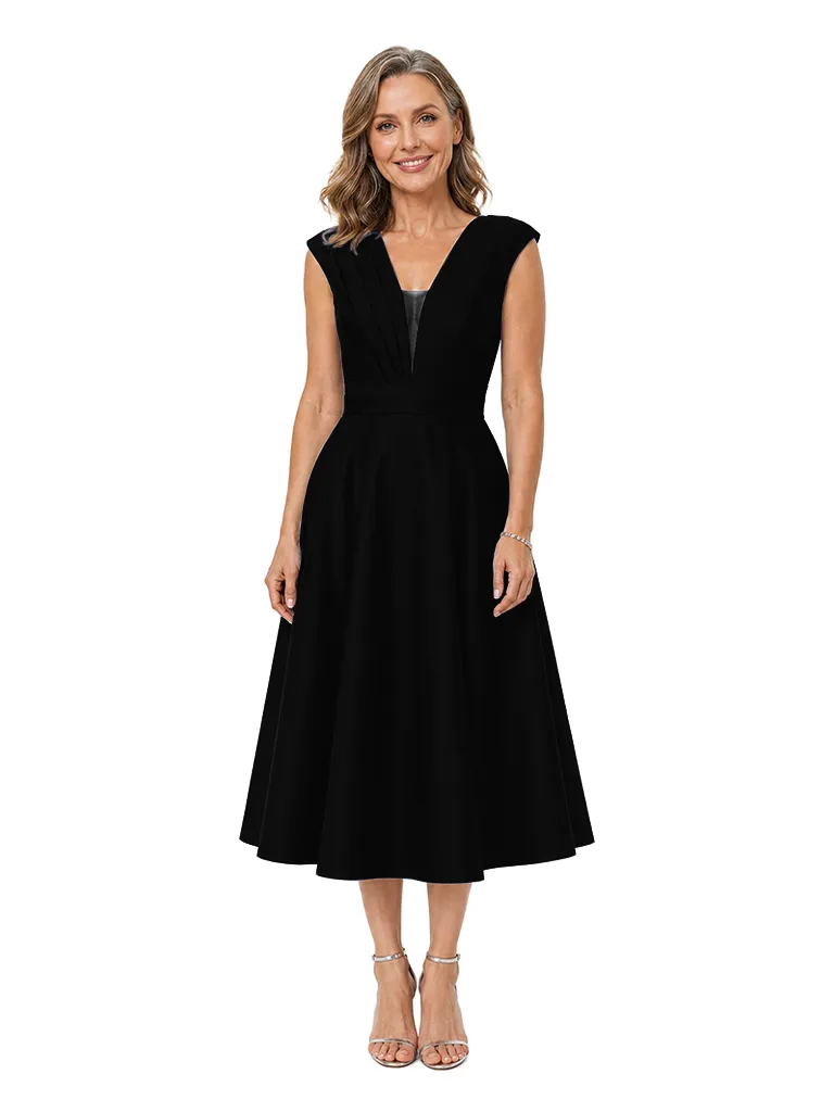 ChicSew Elegant Pleated Satin Mother Of The Bride Dresses V-Neck A-Line Tea-Length Formal Wedding Guest Dress sold by ChicSew product image thumbnail 4