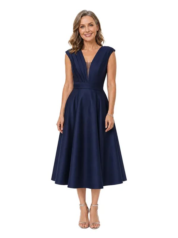 ChicSew Elegant Pleated Satin Mother Of The Bride Dresses V-Neck A-Line Tea-Length Formal Wedding Guest Dress made by ChicSew