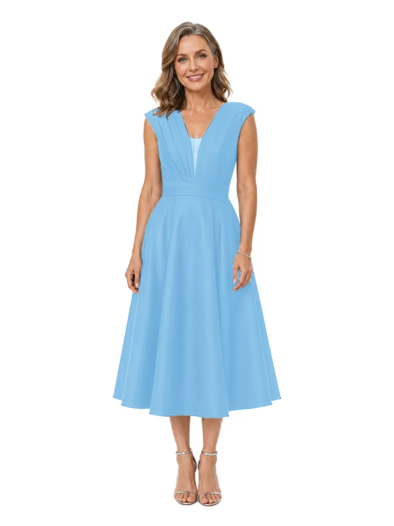 ChicSew Elegant Pleated Satin Mother Of The Bride Dresses V-Neck A-Line Tea-Length Formal Wedding Guest Dress sold by ChicSew product image thumbnail 5