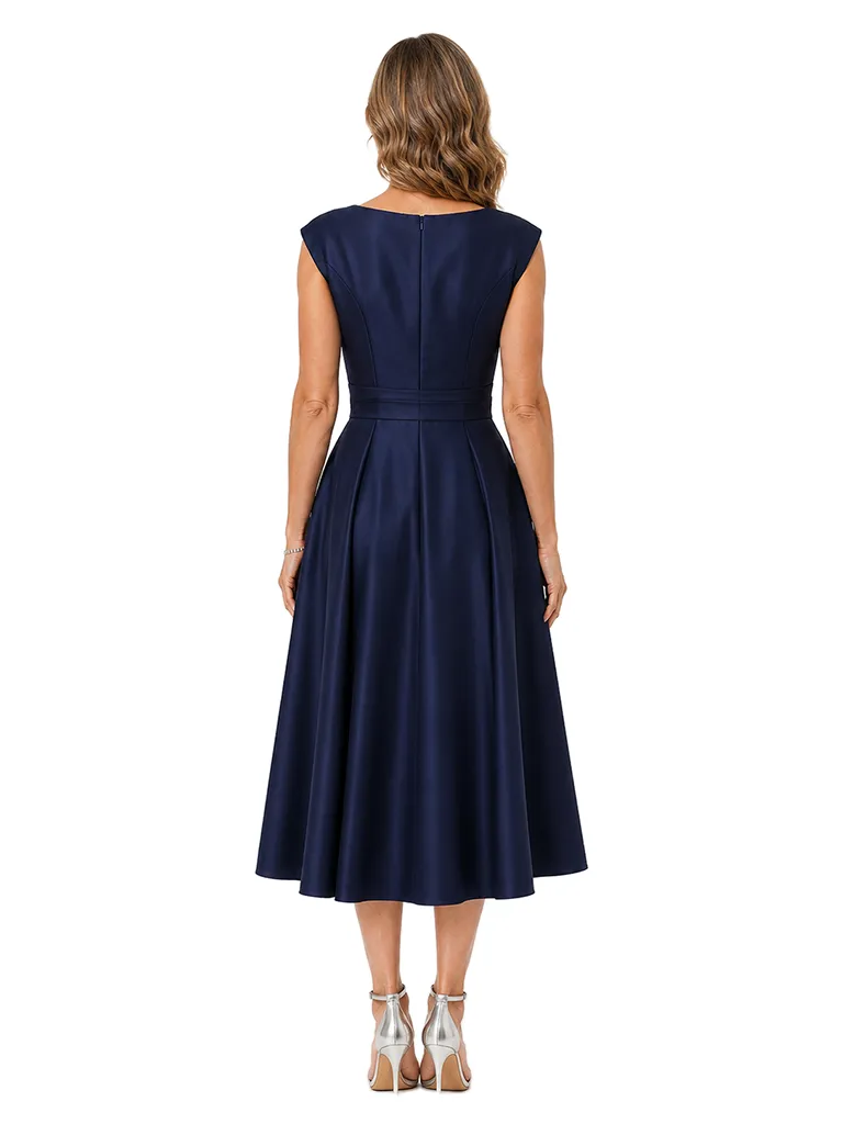 ChicSew Elegant Pleated Satin Mother Of The Bride Dresses V-Neck A-Line Tea-Length Formal Wedding Guest Dress sold by ChicSew product image thumbnail 3