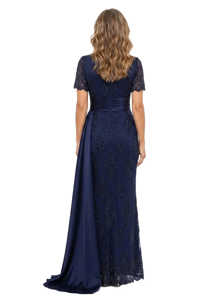 ChicSew Short Sleeve Round Neck Beaded Lace Mermaid Floor Length Evening Gown With Satin Sash sold by ChicSew product image thumbnail 3