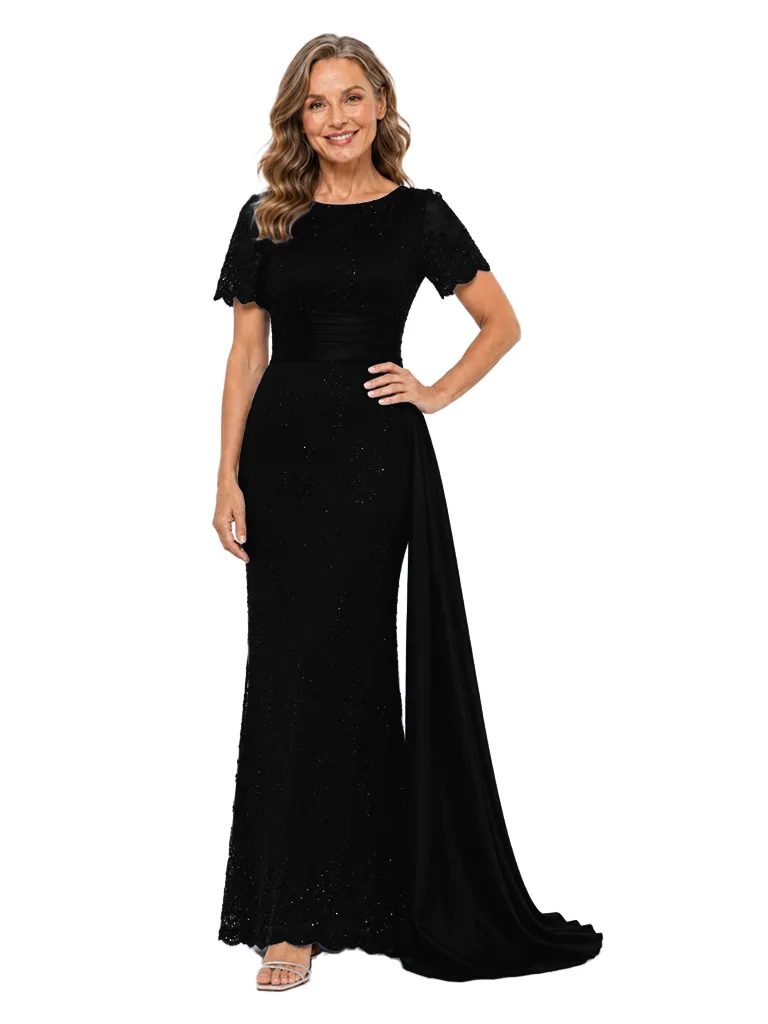 ChicSew Short Sleeve Round Neck Beaded Lace Mermaid Floor Length Evening Gown With Satin Sash sold by ChicSew product image thumbnail 4