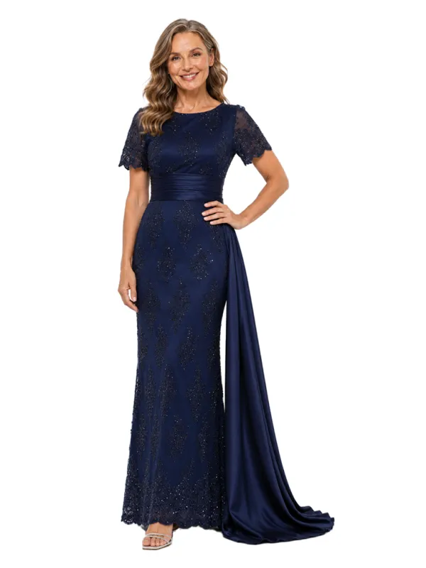 ChicSew Short Sleeve Round Neck Beaded Lace Mermaid Floor Length Evening Gown With Satin Sash made by ChicSew