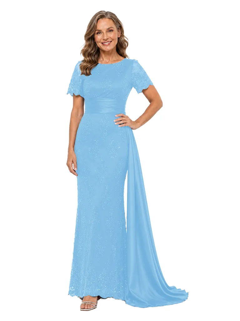 ChicSew Short Sleeve Round Neck Beaded Lace Mermaid Floor Length Evening Gown With Satin Sash sold by ChicSew product image thumbnail 5