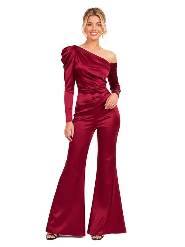 ChicSew Modern One Shoulder Long Sleeve Soft Satin Bridesmaid Jumpsuit With Ruched Design made by ChicSew