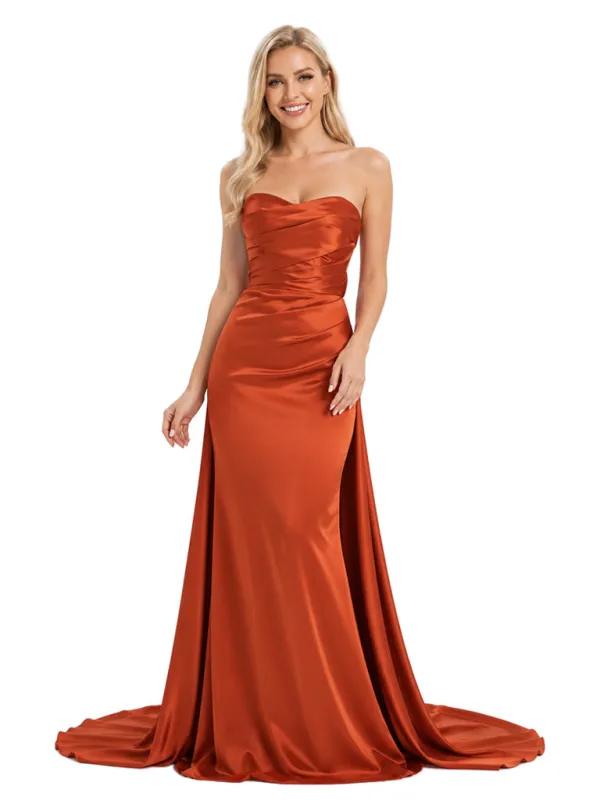 ChicSew Glamorous Strapless Soft Satin Maid Of Honor Dress With Ruched Bodice Mermaid Bridesmaid Gown made by ChicSew