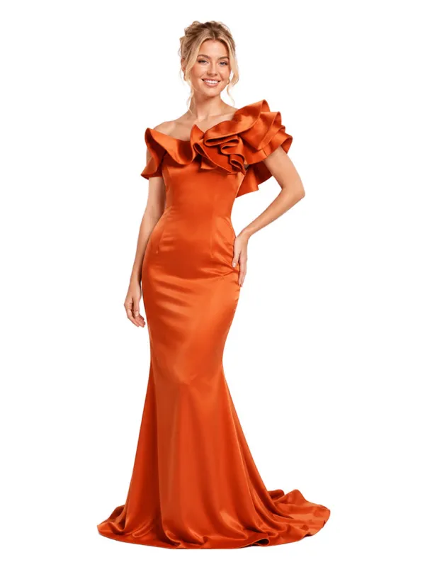ChicSew Off Shoulder Ruffle Soft Satin Mermaid Floor Length Bridesmaid Dresses made by ChicSew