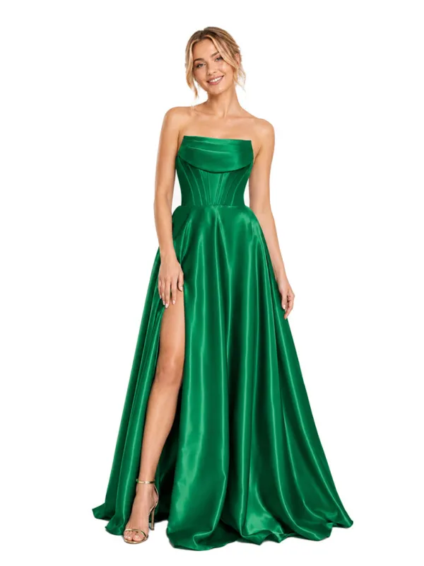 ChicSew Sexy Strapless Soft Satin Side Slit A-Line Floor-Length Bridesmaid Dress With Boning made by ChicSew