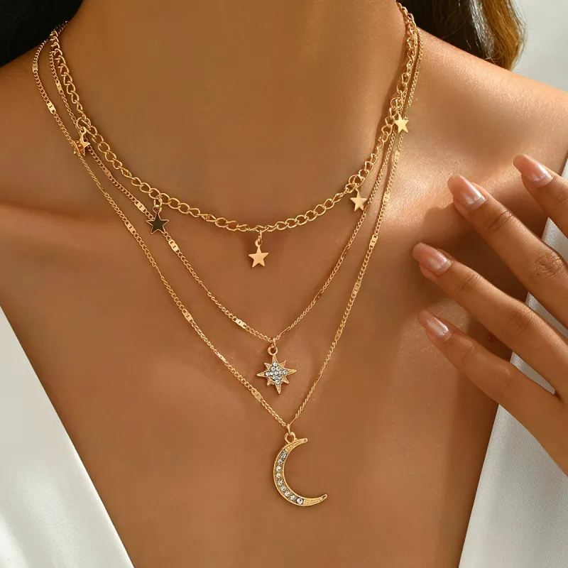 Star Moon Pendant Necklace with Diamonds Multi Layer Stacked Necklace made by ChicSew