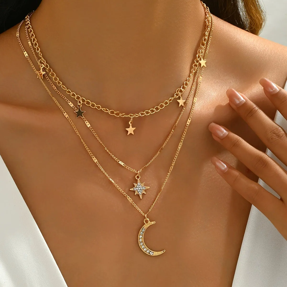 Star Moon Pendant Necklace with Diamonds Multi Layer Stacked Necklace sold by ChicSew