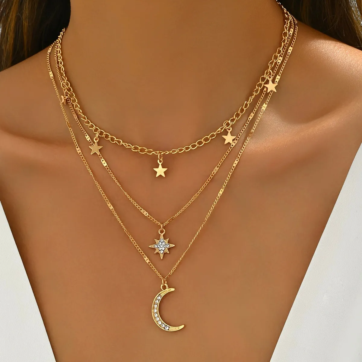 Star Moon Pendant Necklace with Diamonds Multi Layer Stacked Necklace sold by ChicSew product image thumbnail 2