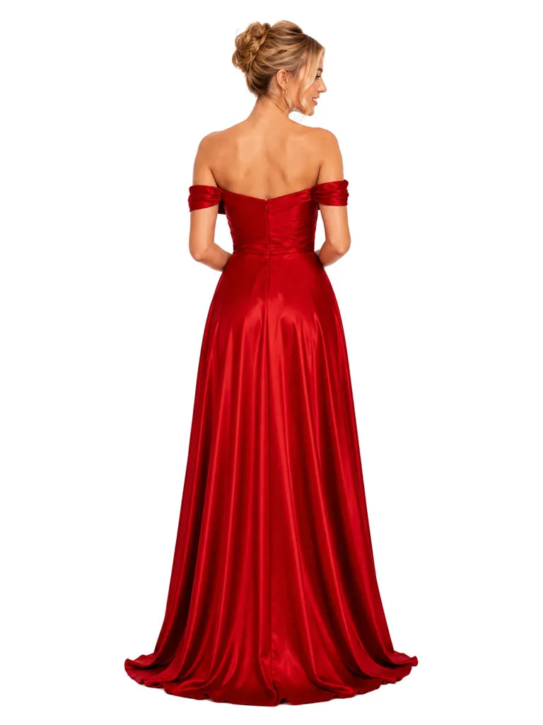 ChicSew Classy Off-The-Shoulder A-Line Soft Satin Bridal Party Maxi Ruched Side Slit Formal Bridesmaid Dresses sold by ChicSew product image thumbnail 3