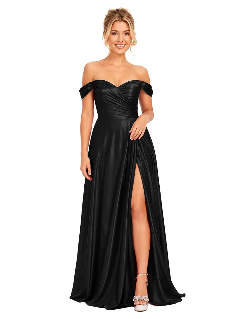 ChicSew Classy Off-The-Shoulder A-Line Soft Satin Bridal Party Maxi Ruched Side Slit Formal Bridesmaid Dresses sold by ChicSew product image thumbnail 4
