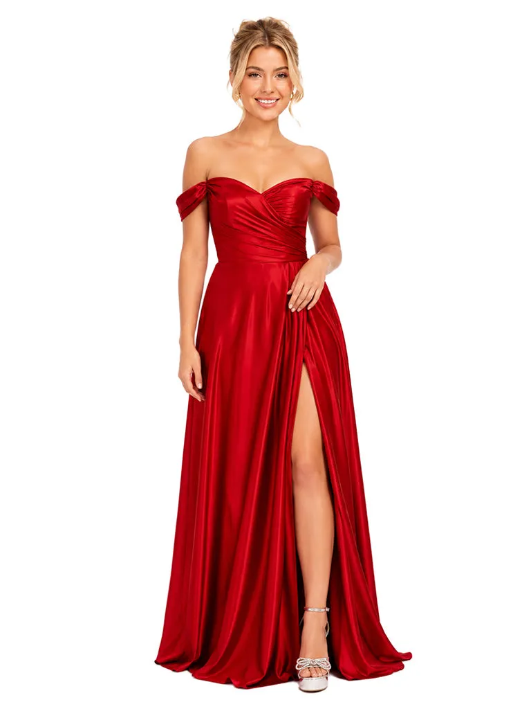 ChicSew Classy Off-The-Shoulder A-Line Soft Satin Bridal Party Maxi Ruched Side Slit Formal Bridesmaid Dresses sold by ChicSew