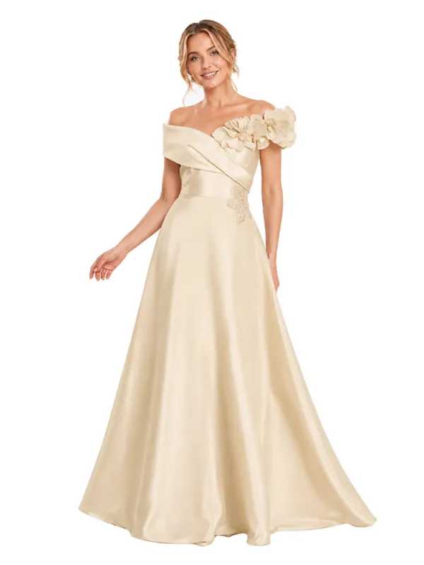 ChicSew Elegant Off Shoulder A-Line Floor-Length Satin Bridesmaid Dresses With Lace Appliques made by ChicSew