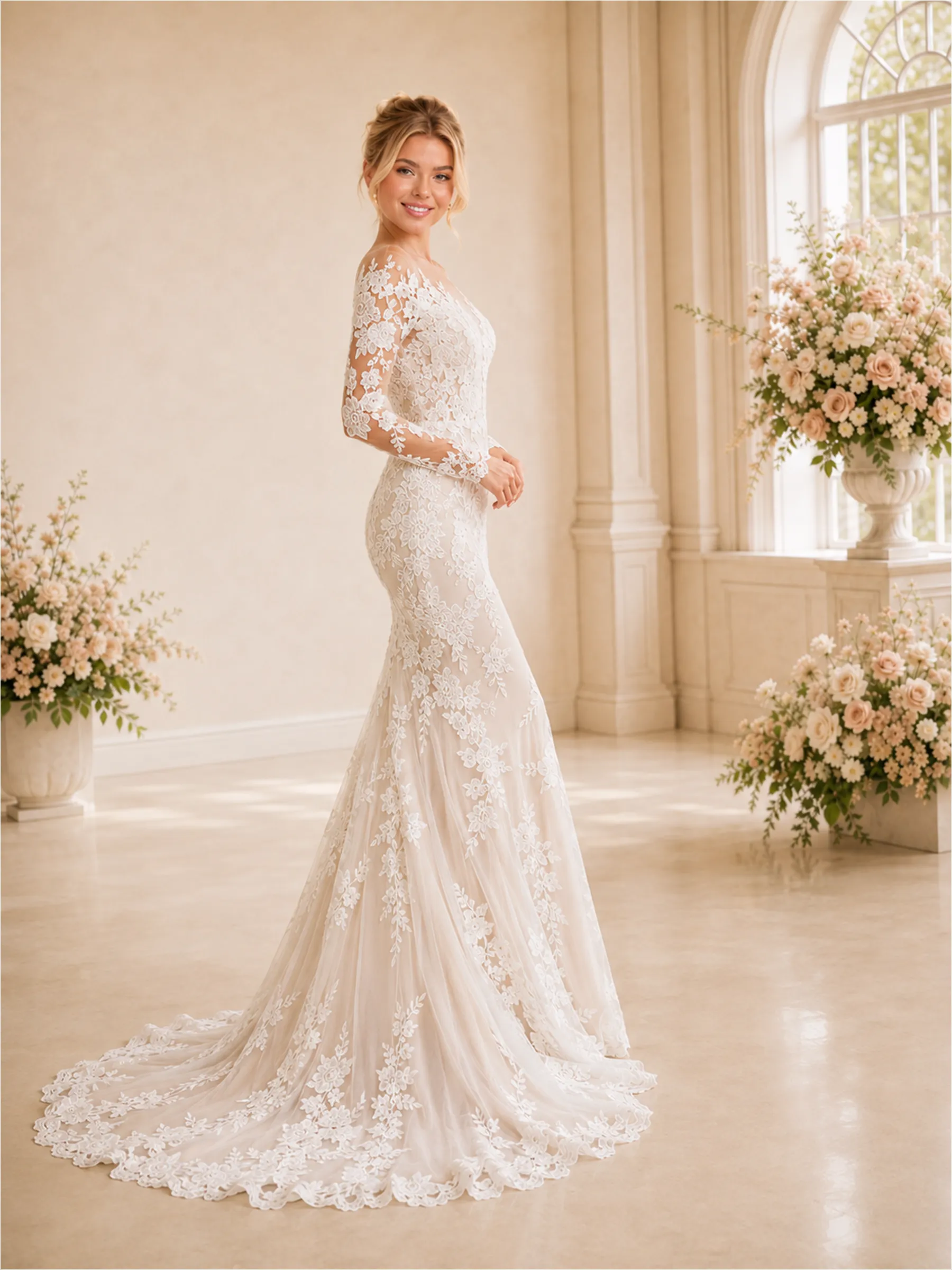 ChicSew Sexy Deep V-Neck Mermaid Lace Long Sleeves Wedding Dress Long Train sold by ChicSew product image thumbnail 3