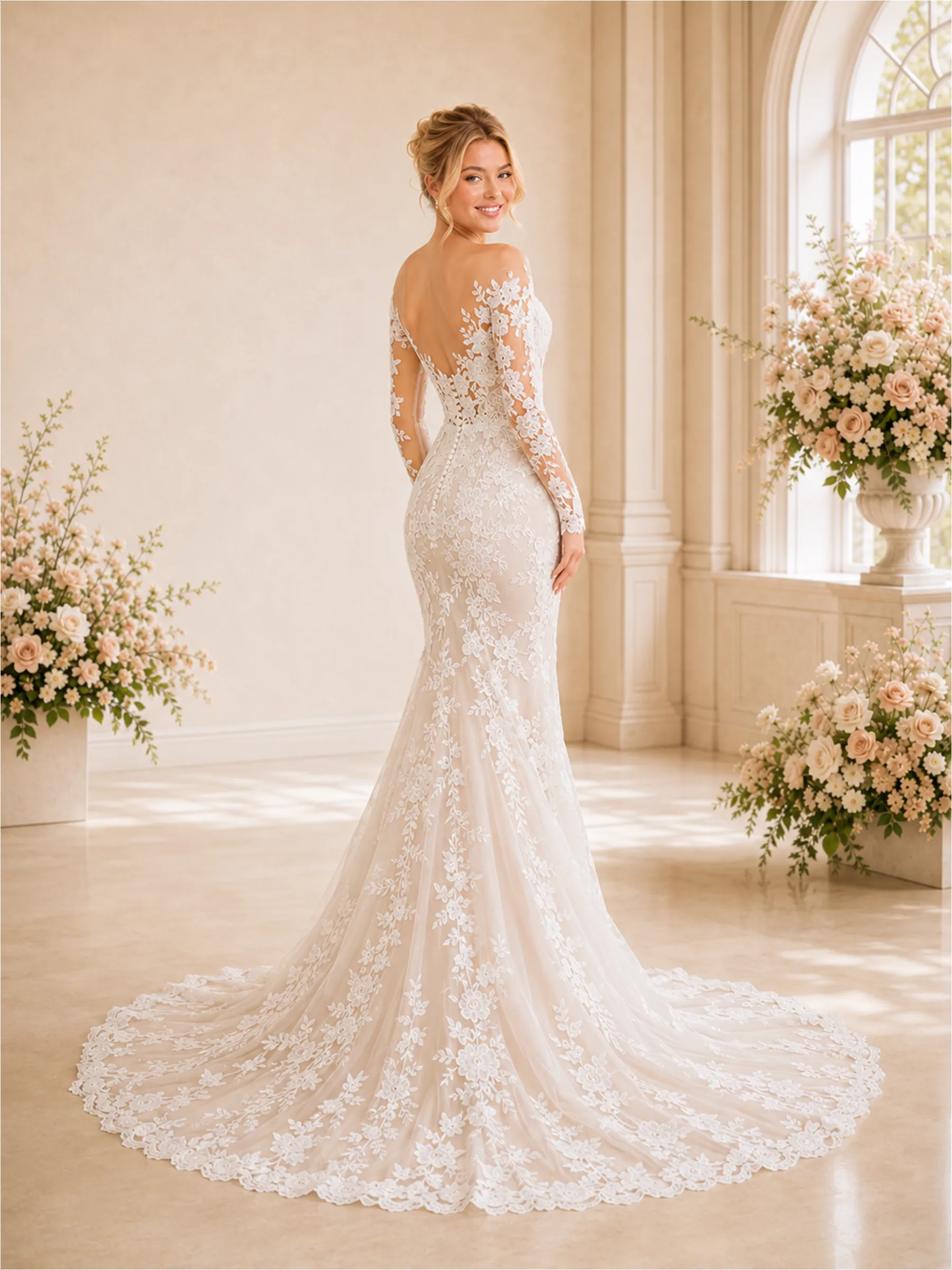 ChicSew Sexy Deep V-Neck Mermaid Lace Long Sleeves Wedding Dress Long Train sold by ChicSew product image thumbnail 4