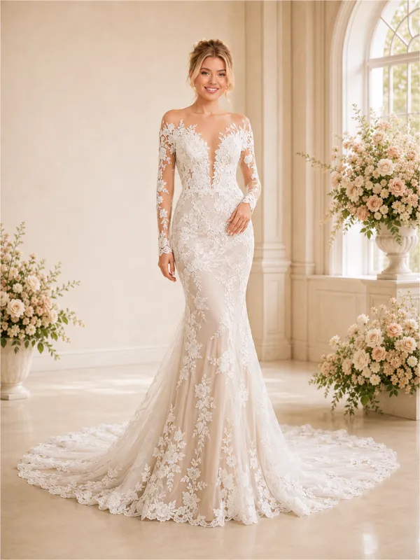 ChicSew Sexy Deep V-Neck Mermaid Lace Long Sleeves Wedding Dress Long Train made by ChicSew