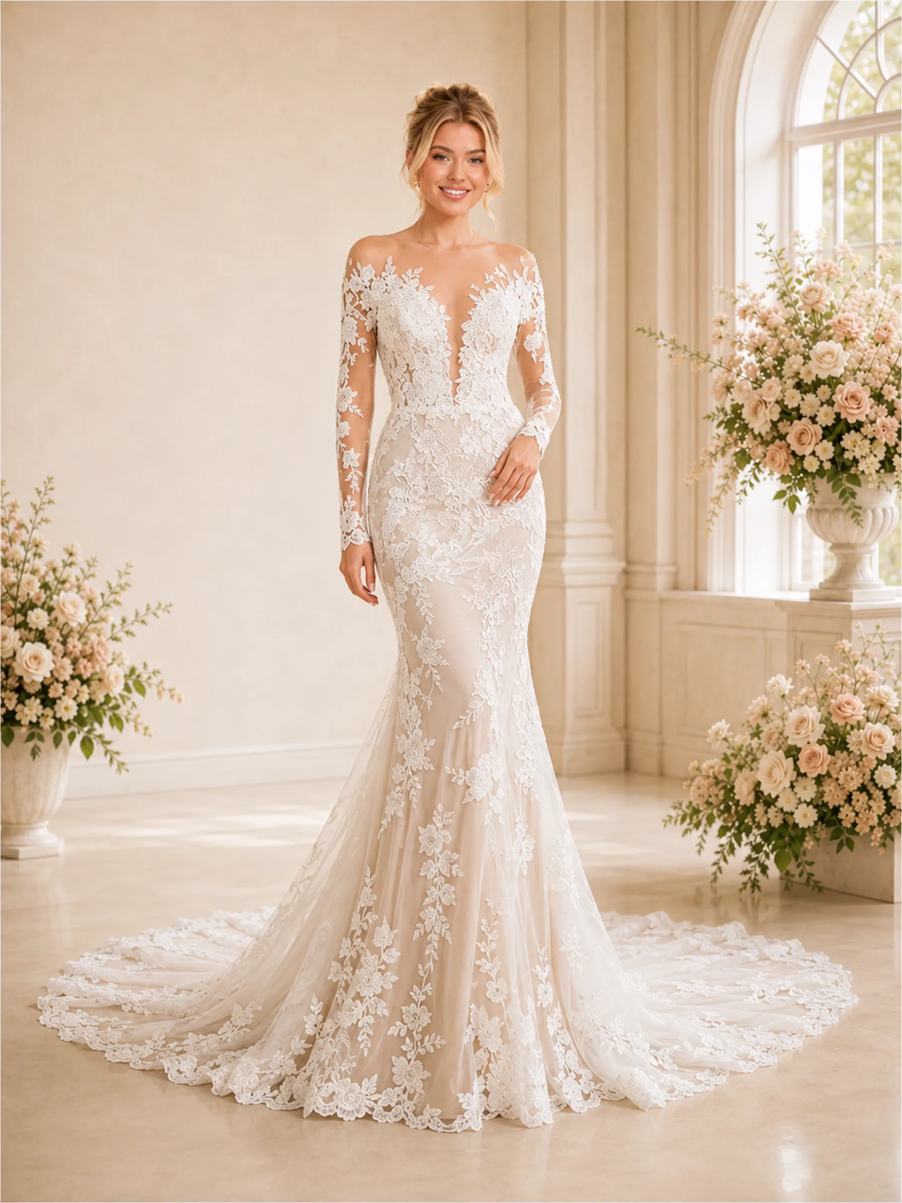 ChicSew Sexy Deep V-Neck Mermaid Lace Long Sleeves Wedding Dress Long Train sold by ChicSew