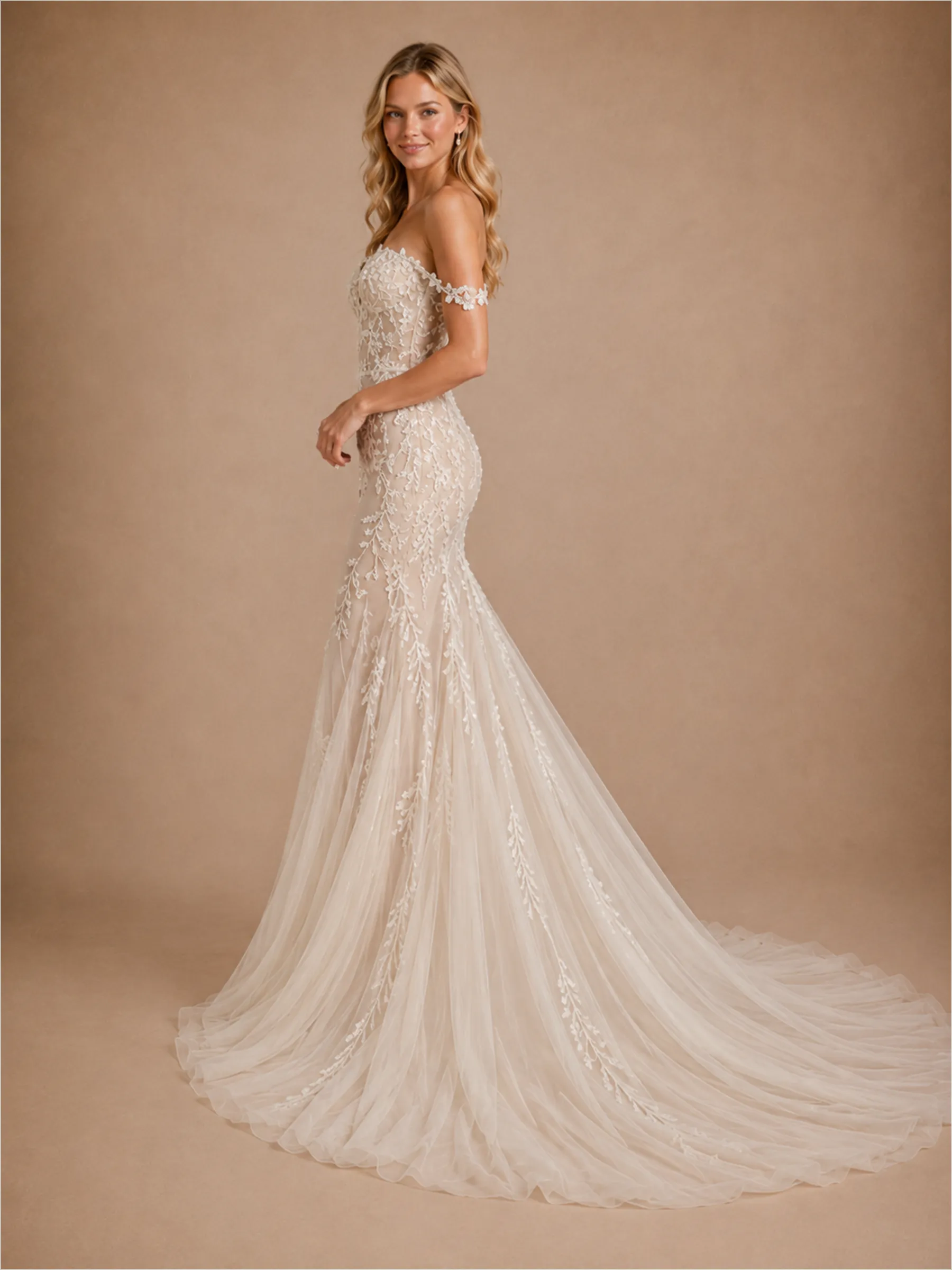 ChicSew Romantic V-Neck Off Shoulder Mermaid Lace Tulle Wedding Dress With Long Train sold by ChicSew product image thumbnail 3