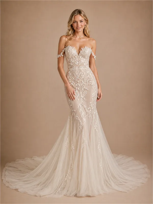 ChicSew Romantic V-Neck Off Shoulder Mermaid Lace Tulle Wedding Dress With Long Train made by ChicSew