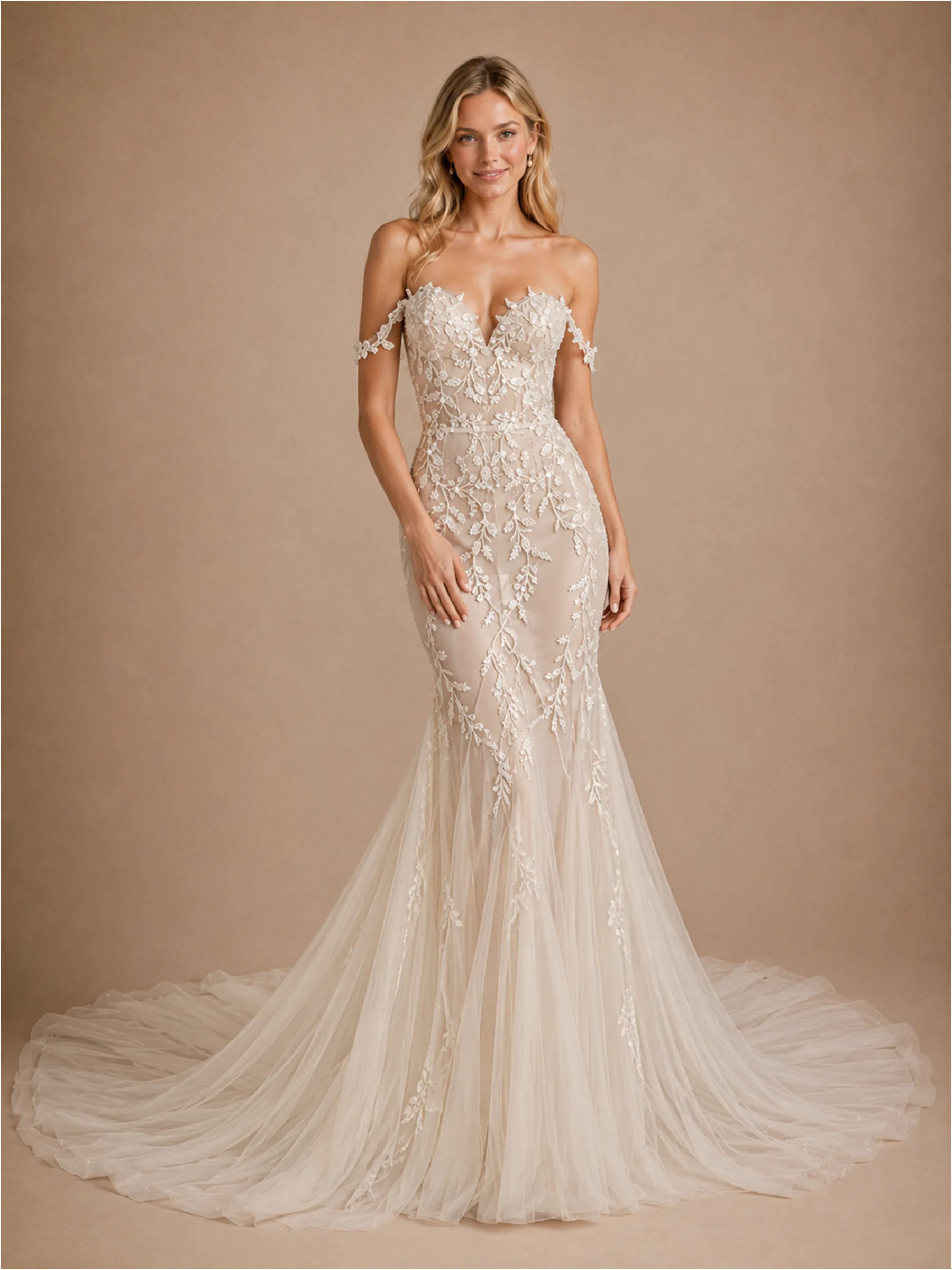 ChicSew Romantic V-Neck Off Shoulder Mermaid Lace Tulle Wedding Dress With Long Train sold by ChicSew