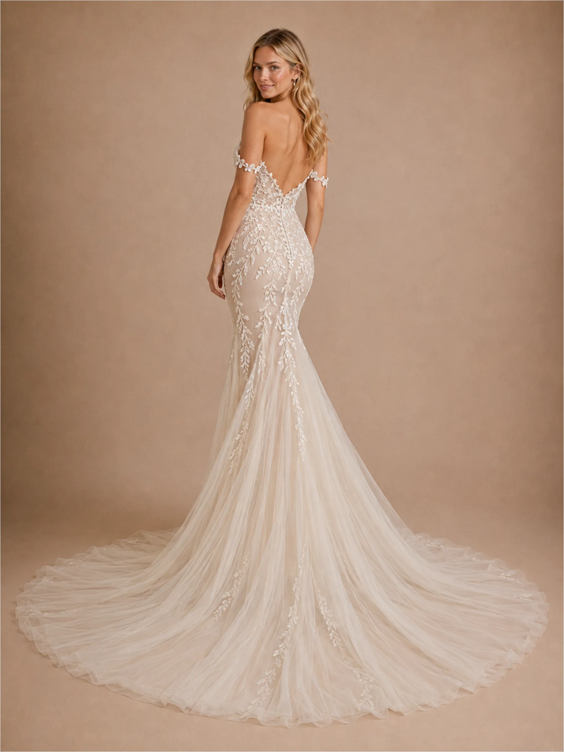 ChicSew Romantic V-Neck Off Shoulder Mermaid Lace Tulle Wedding Dress With Long Train sold by ChicSew product image thumbnail 4