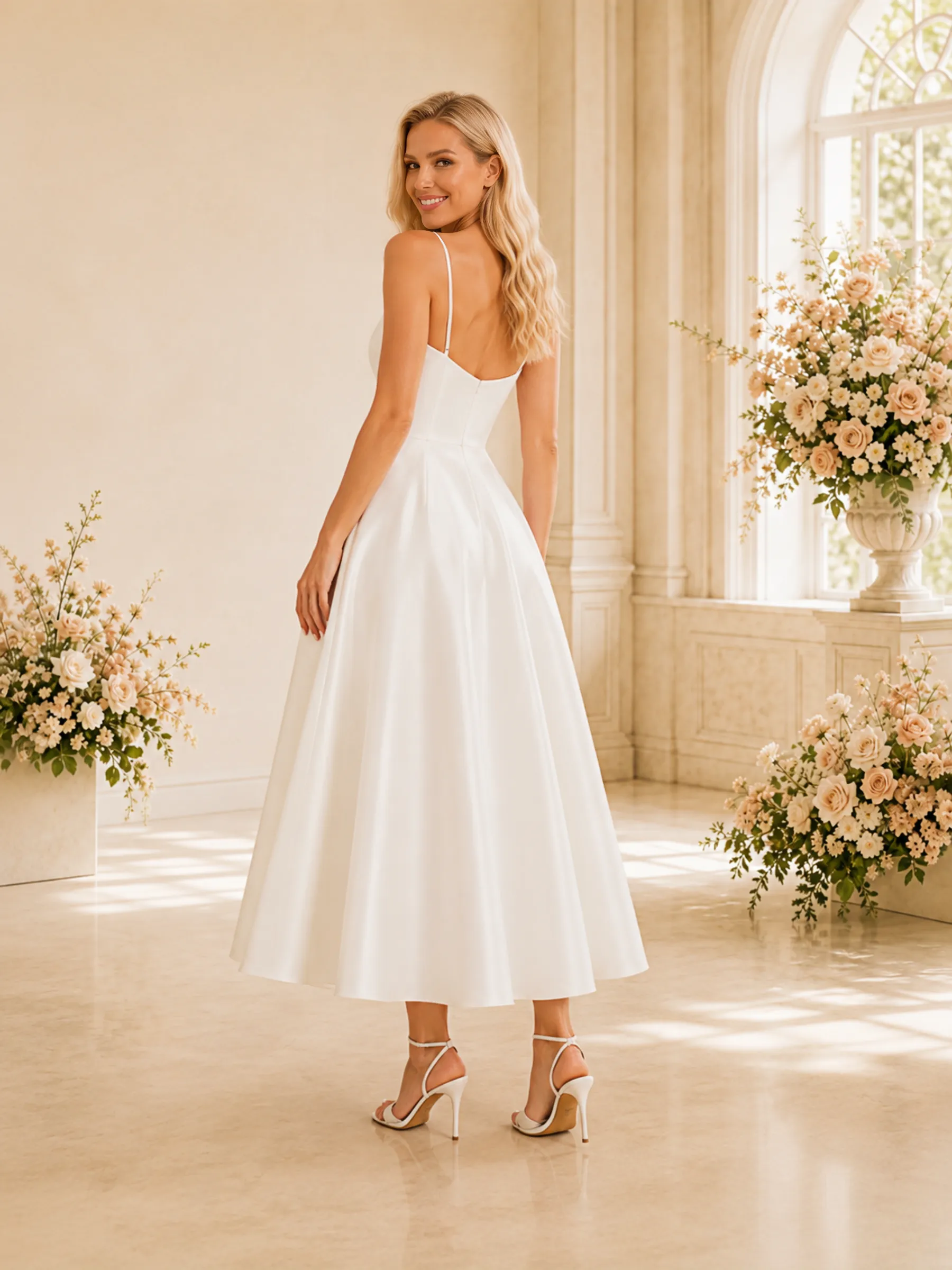 ChicSew Simple V-Neck A-Line Spaghetti Straps Sleeveless Satin Tea-Length Wedding Dresses sold by ChicSew product image thumbnail 4