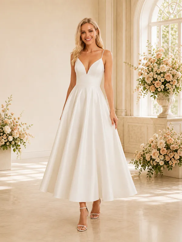 ChicSew Simple V-Neck A-Line Spaghetti Straps Sleeveless Satin Tea-Length Wedding Dresses made by ChicSew