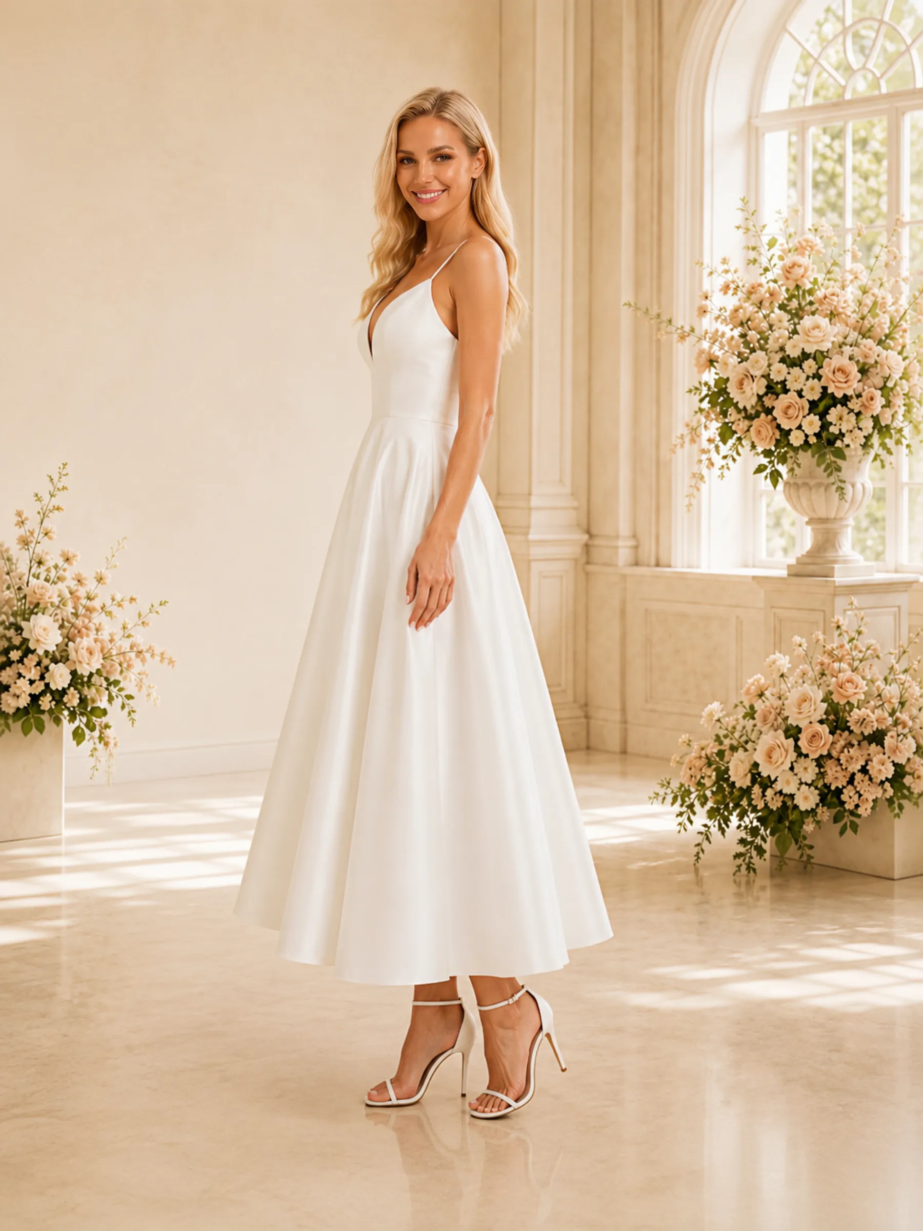 ChicSew Simple V-Neck A-Line Spaghetti Straps Sleeveless Satin Tea-Length Wedding Dresses sold by ChicSew product image thumbnail 3